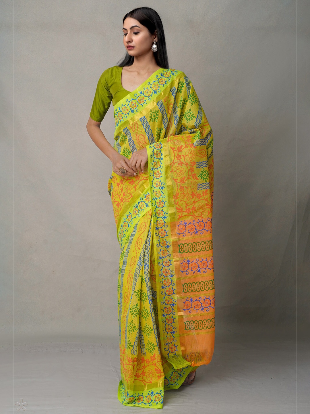 

Unnati Silks Orange & Yellow Ethnic Motifs Pure Cotton Mangalagiri Saree