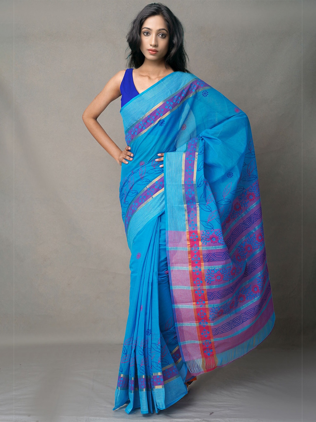 

Unnati Silks Blue & Pink Floral Pure Cotton Mangalagiri Saree