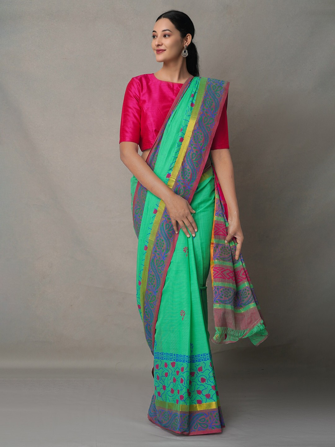 

Unnati Silks Green & Blue Hand Block Printed Pure Cotton Mangalagiri Saree