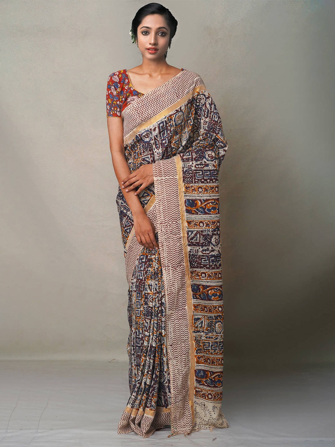 

Unnati Silks Cream-Coloured & Brown Kalamkari Zari Pure Silk Kanjeevaram Saree