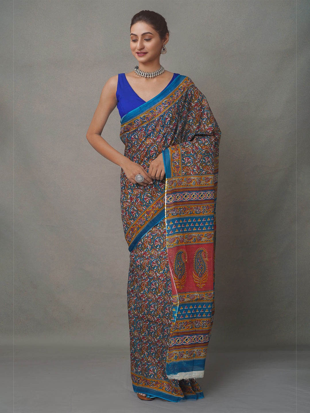 

Unnati Silks Blue & Brown Ethnic Motifs Pure Cotton Block Print Saree