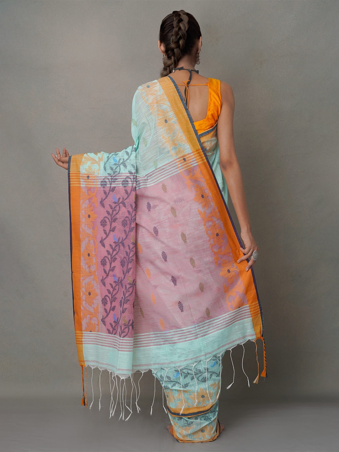 

Unnati Silks Blue & Orange Woven Design Pure Linen Jamdani Saree