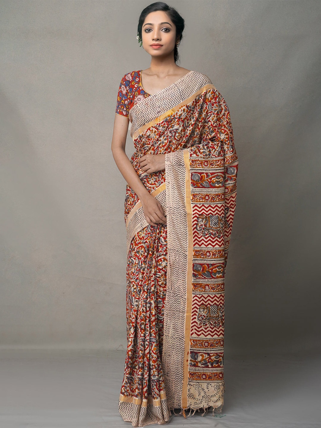 

Unnati Silks Cream-Coloured & Red Kalamkari Zari Border Pure Silk Saree
