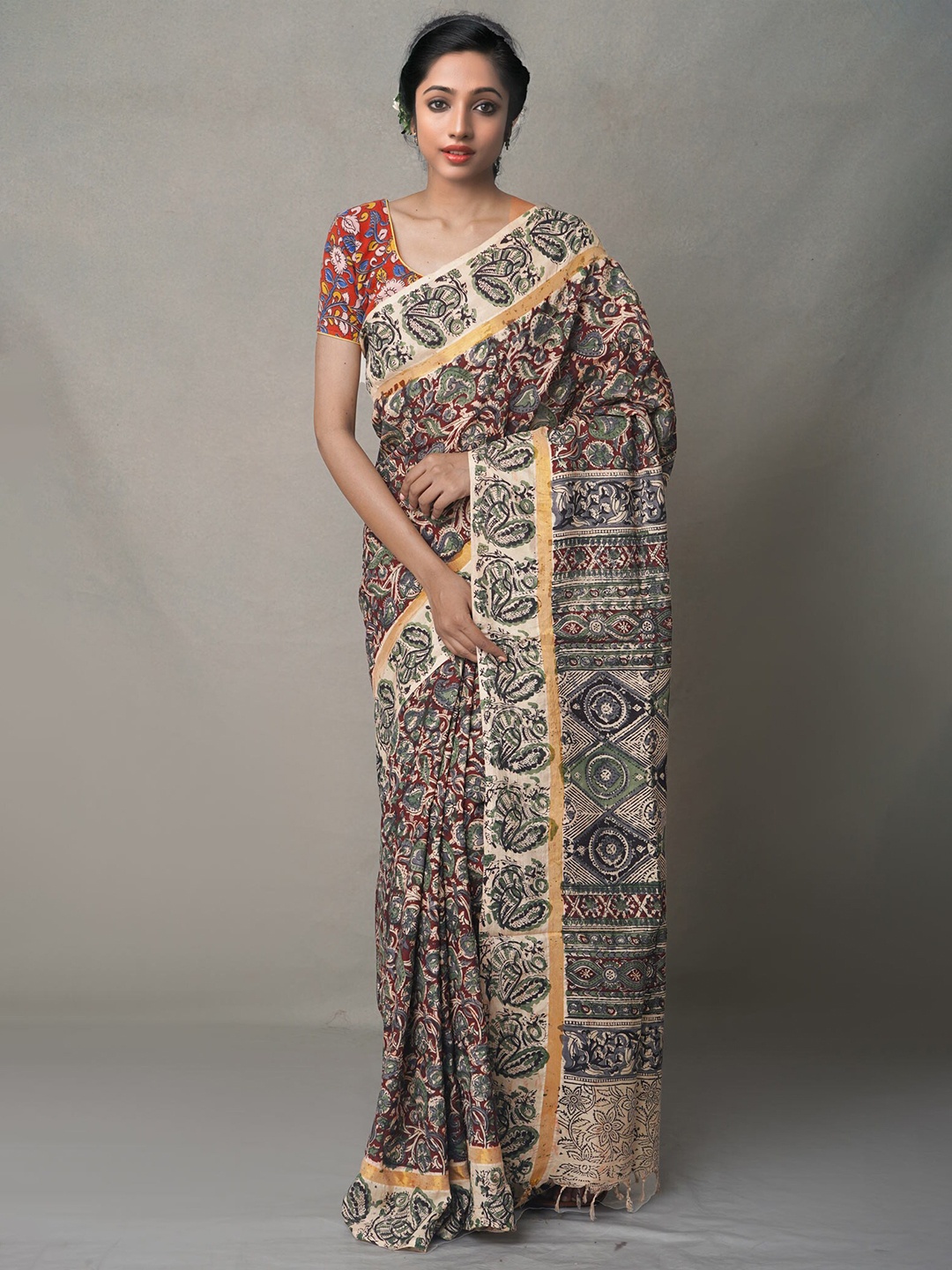 

Unnati Silks Cream-Coloured & Gold-Toned Kalamkari Zari Pure Silk Saree