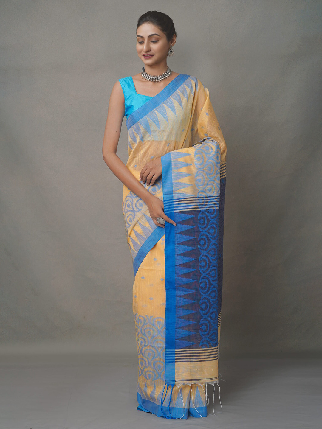 

Unnati Silks Orange & Blue Ethnic Motifs Pure Linen Jamdani Saree