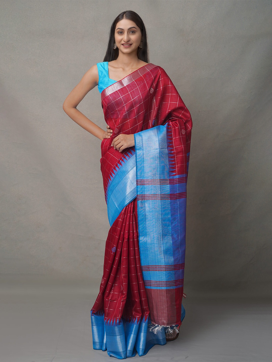 

Unnati Silks Blue & Red Woven Design Zari Linen Blend Jamdani Saree