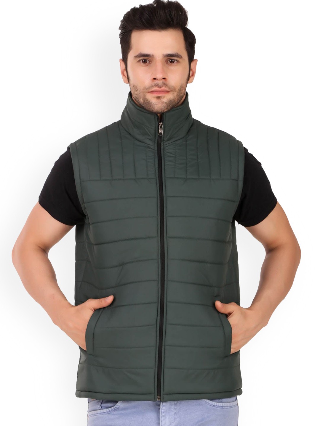

Leather Retail Men Green Cut Sleeve Winter Polyester Outdoor Jacket Padded Jacket