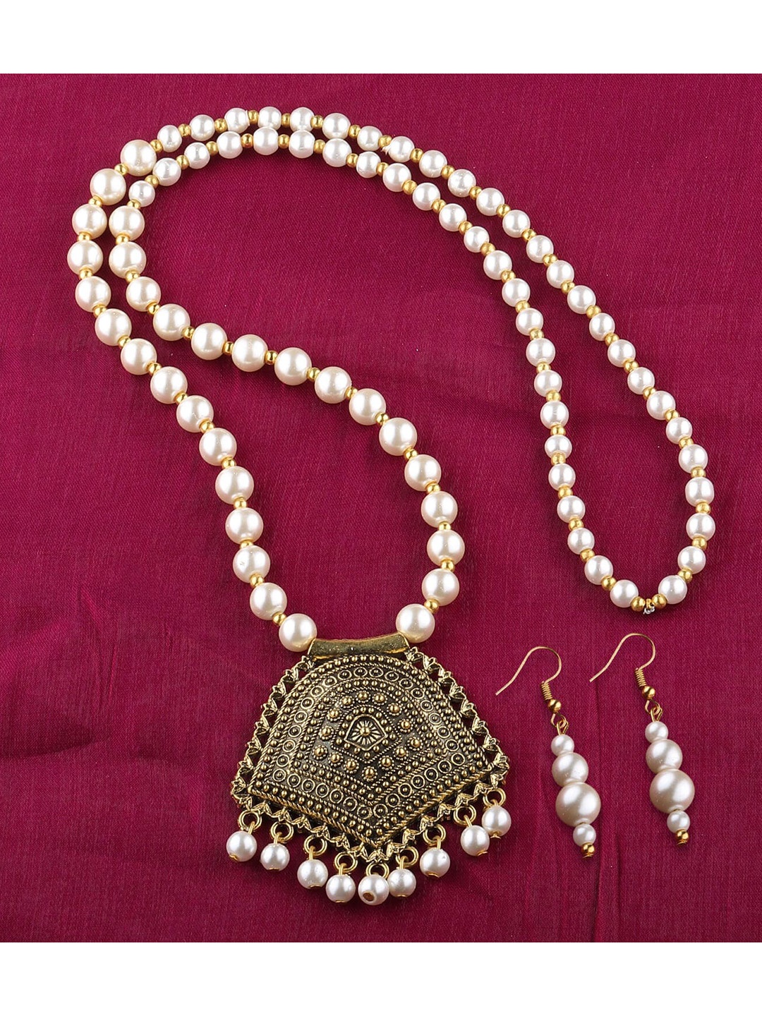 

Silver Shine Women Gold Toned & White Traditional Styles Necklace Jewellery Set