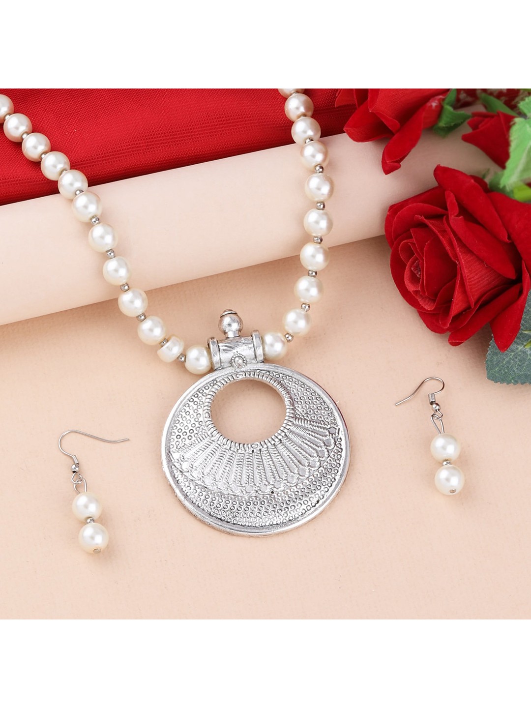 

Silver Shine Silver-Toned & White Beaded Jewellery Set