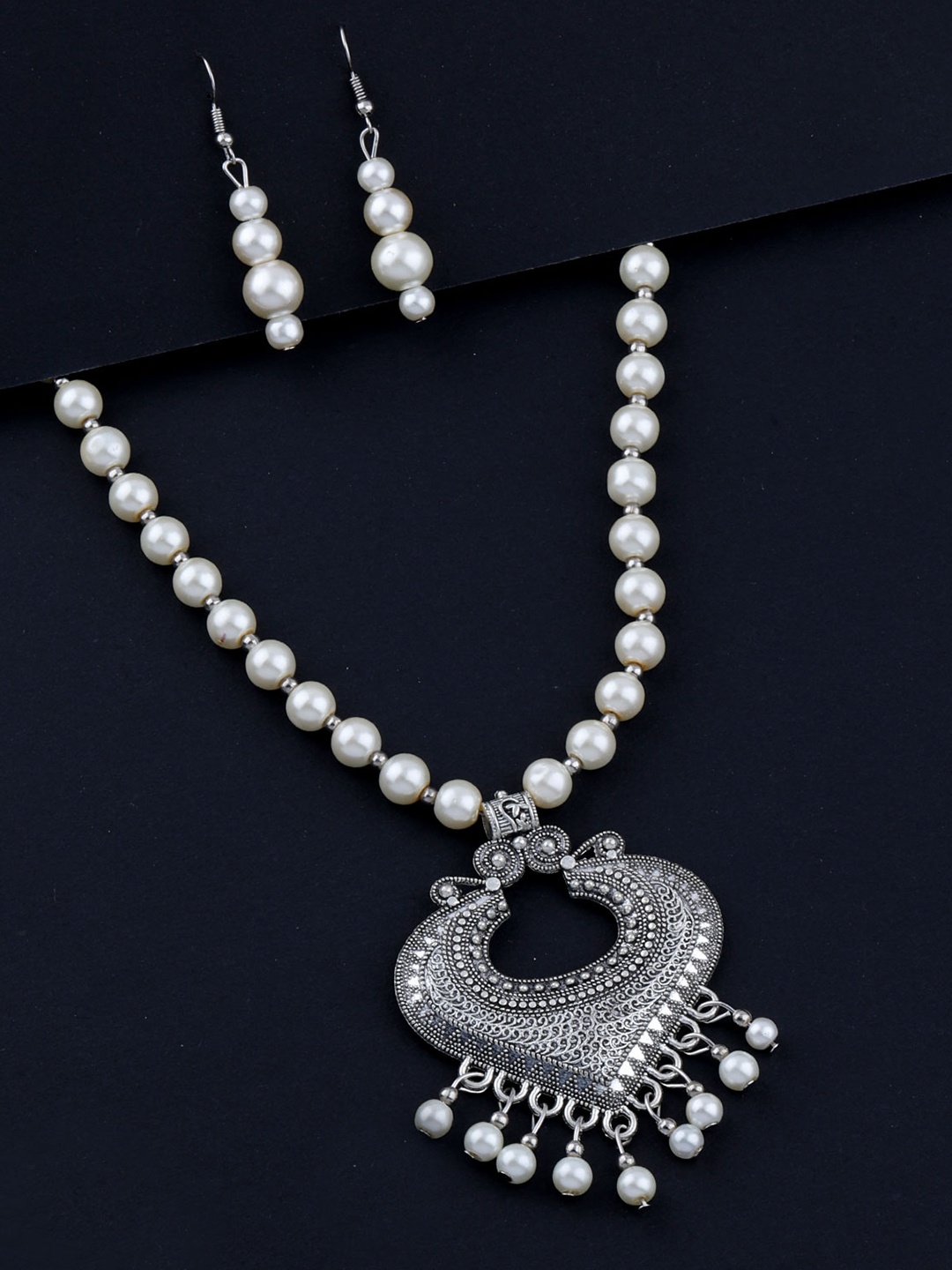 

Silver Shine Silver Toned & White Stone-Studded & Beaded Jewellery Set