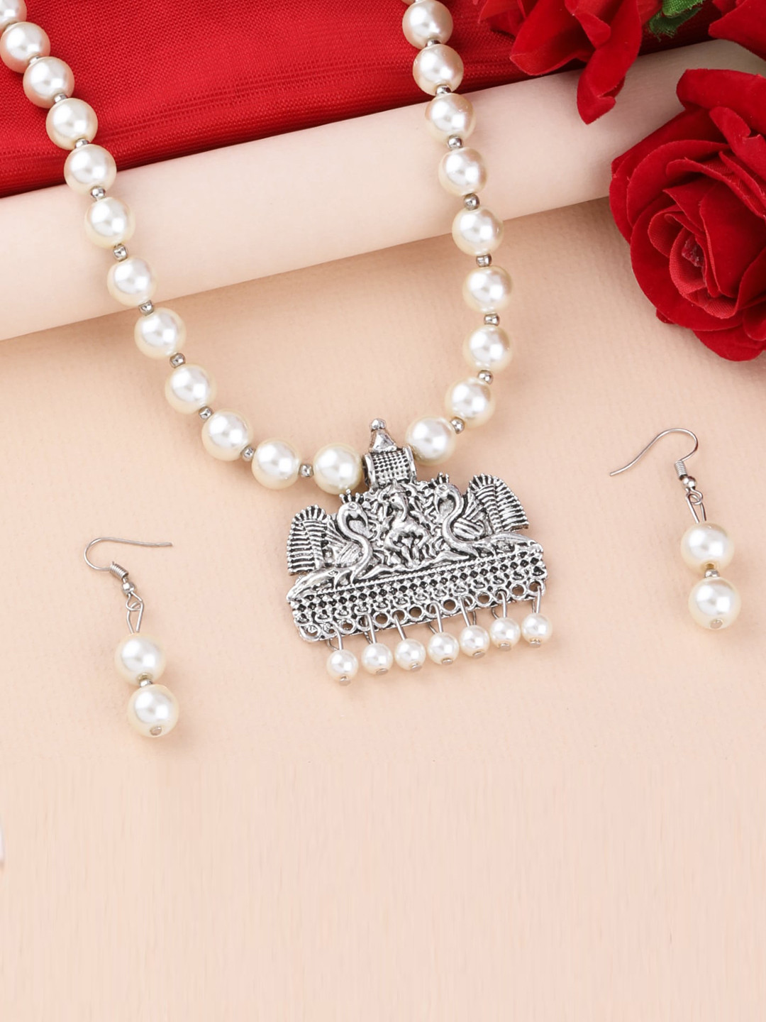 

Silver Shine Silver-Toned Oxidized Pearl Beaded Jewellery Set