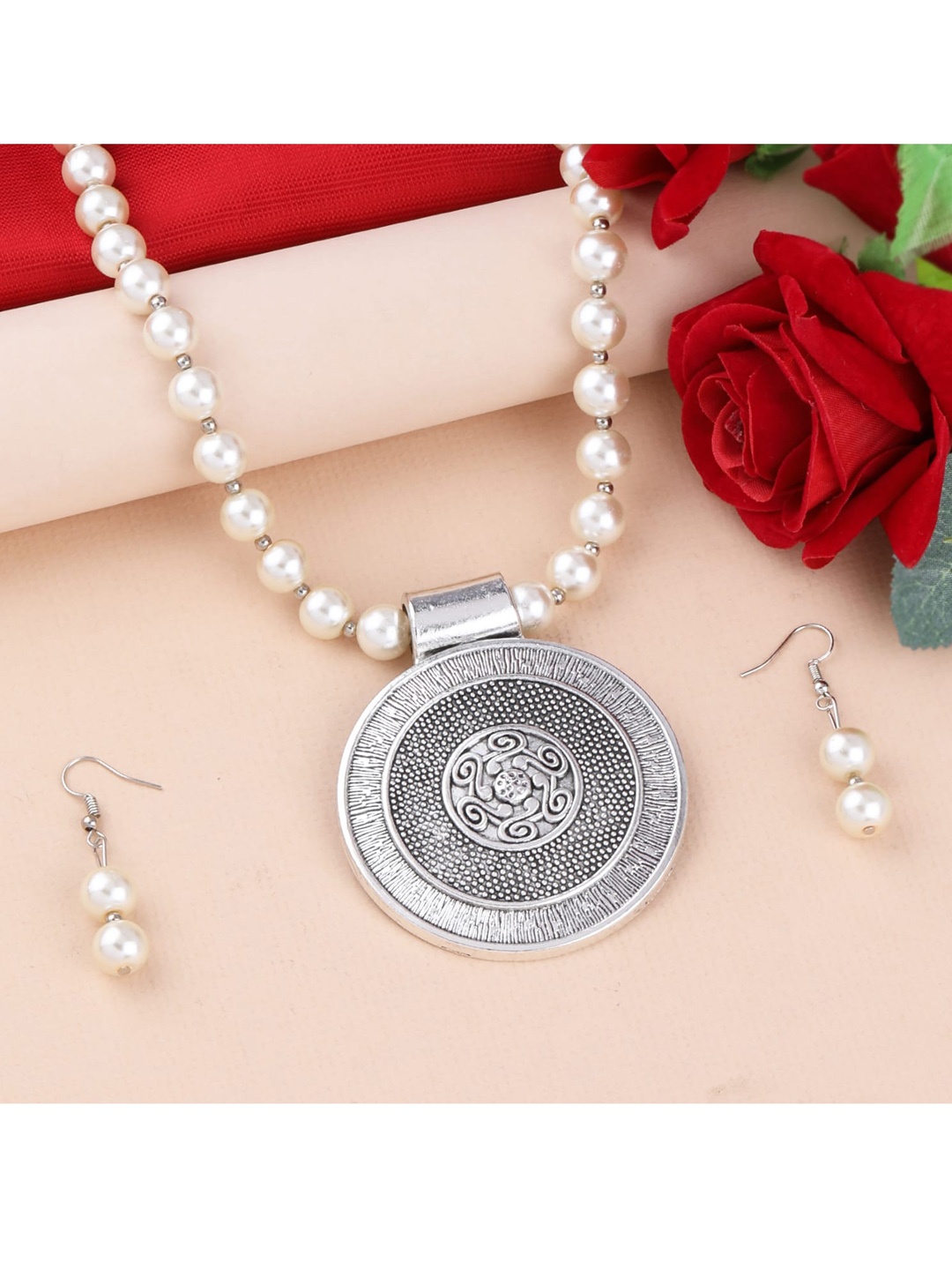 

Silver Shine Women Silver-Toned & White Beaded Oxidized Jewellery Set