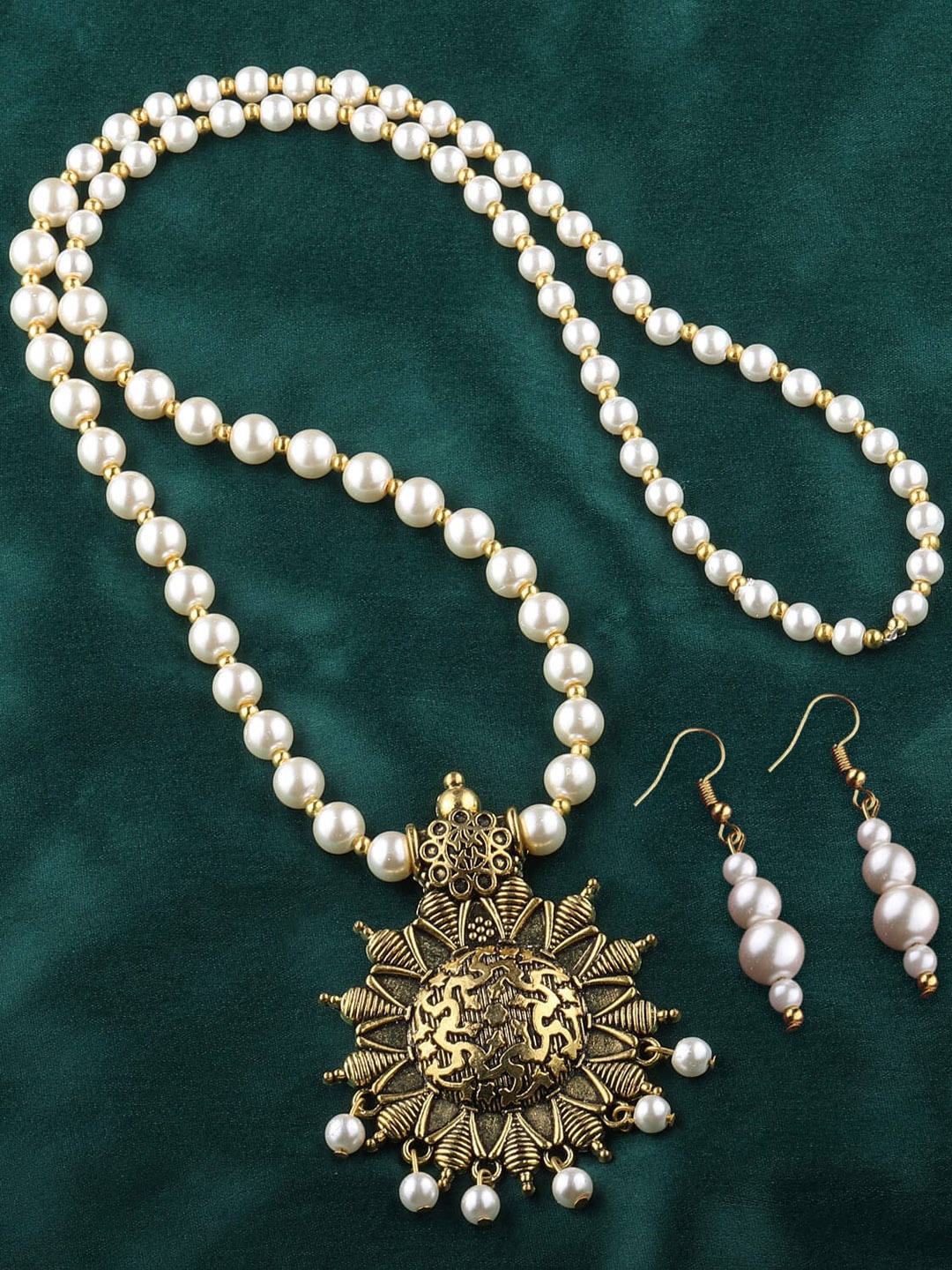 

Silver Shine Women Gold Toned & White Pearl Beaded Traditional Styles Necklace Jewellery Set