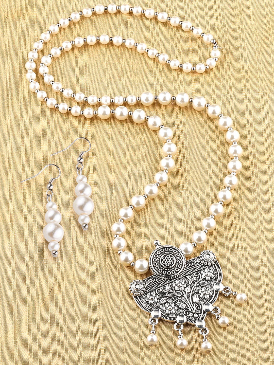 

Silver Shine Women Silver-Toned & White Pearl Studded Jewellery Set