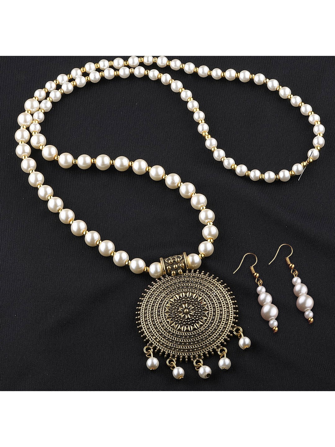 

Silver Shine Oxidised Gold-Toned White Stone-Studded & Beaded Jewellery Set