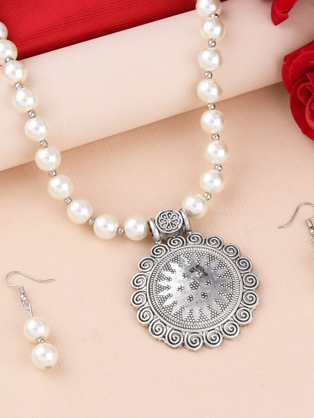 

Silver Shine Silver Toned Stone-Studded & White Pearl Beaded Jewellery Set