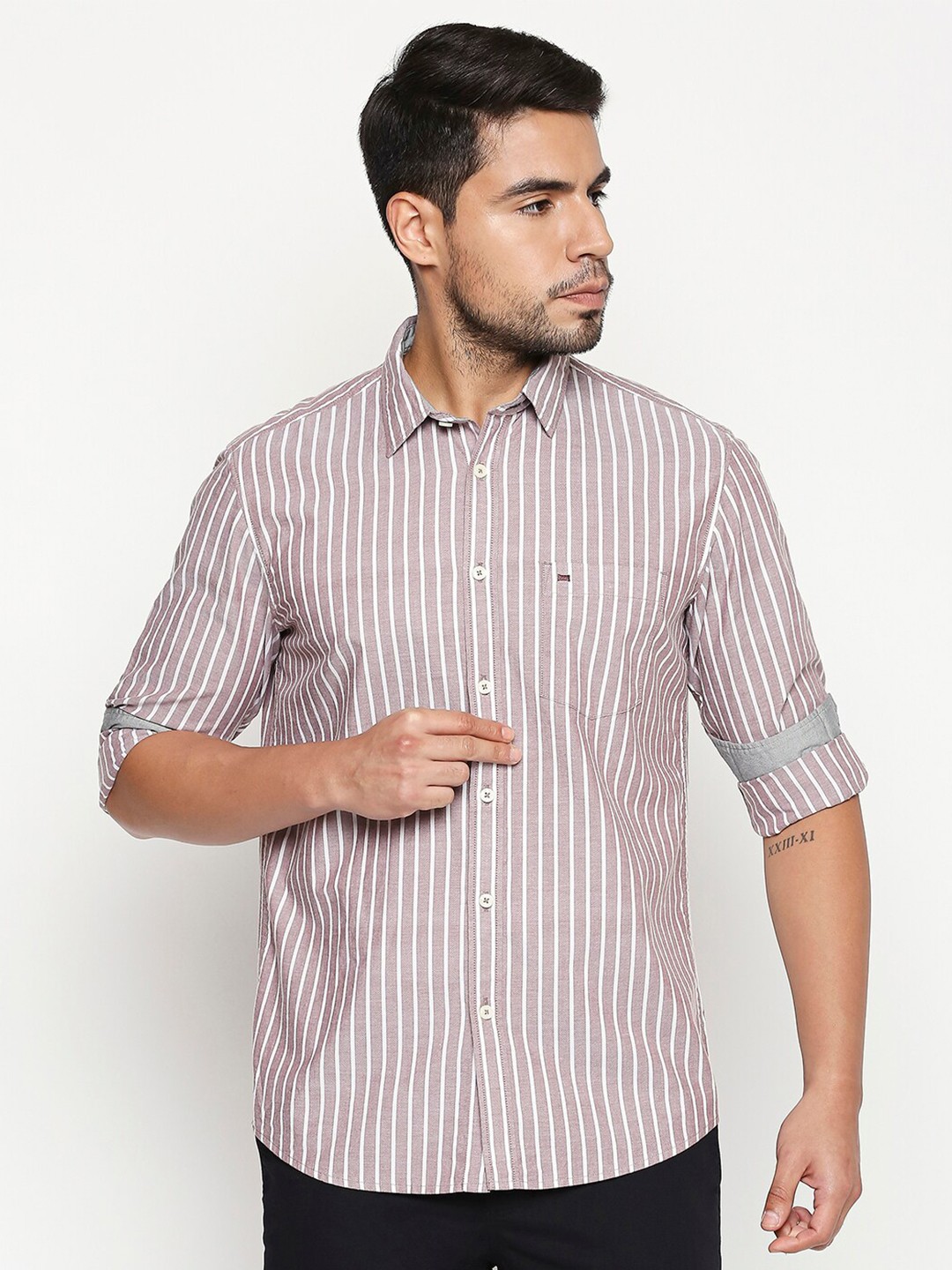 

Basics Men Brown & White Slim Fit Striped Cotton Casual Shirt