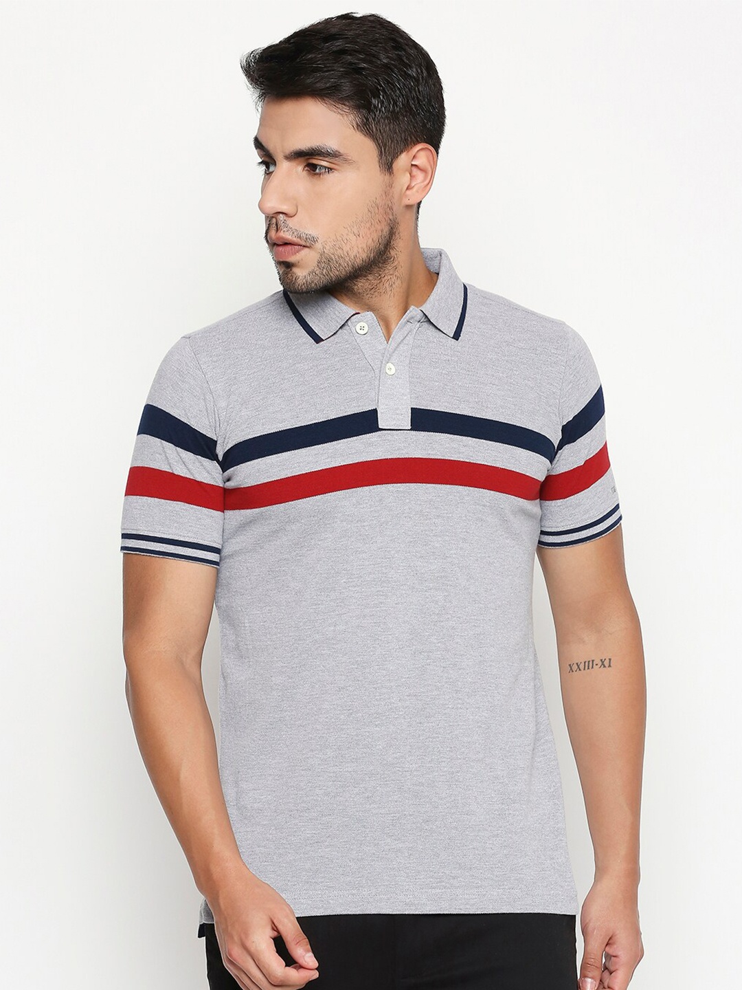 

Basics Men Grey Striped Polo Collar Slim Fit T-shirt