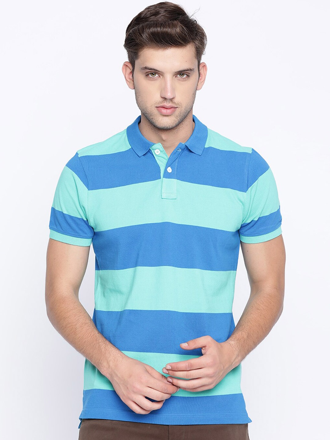 

Basics Men Green Striped Polo Collar Slim Fit T-shirt
