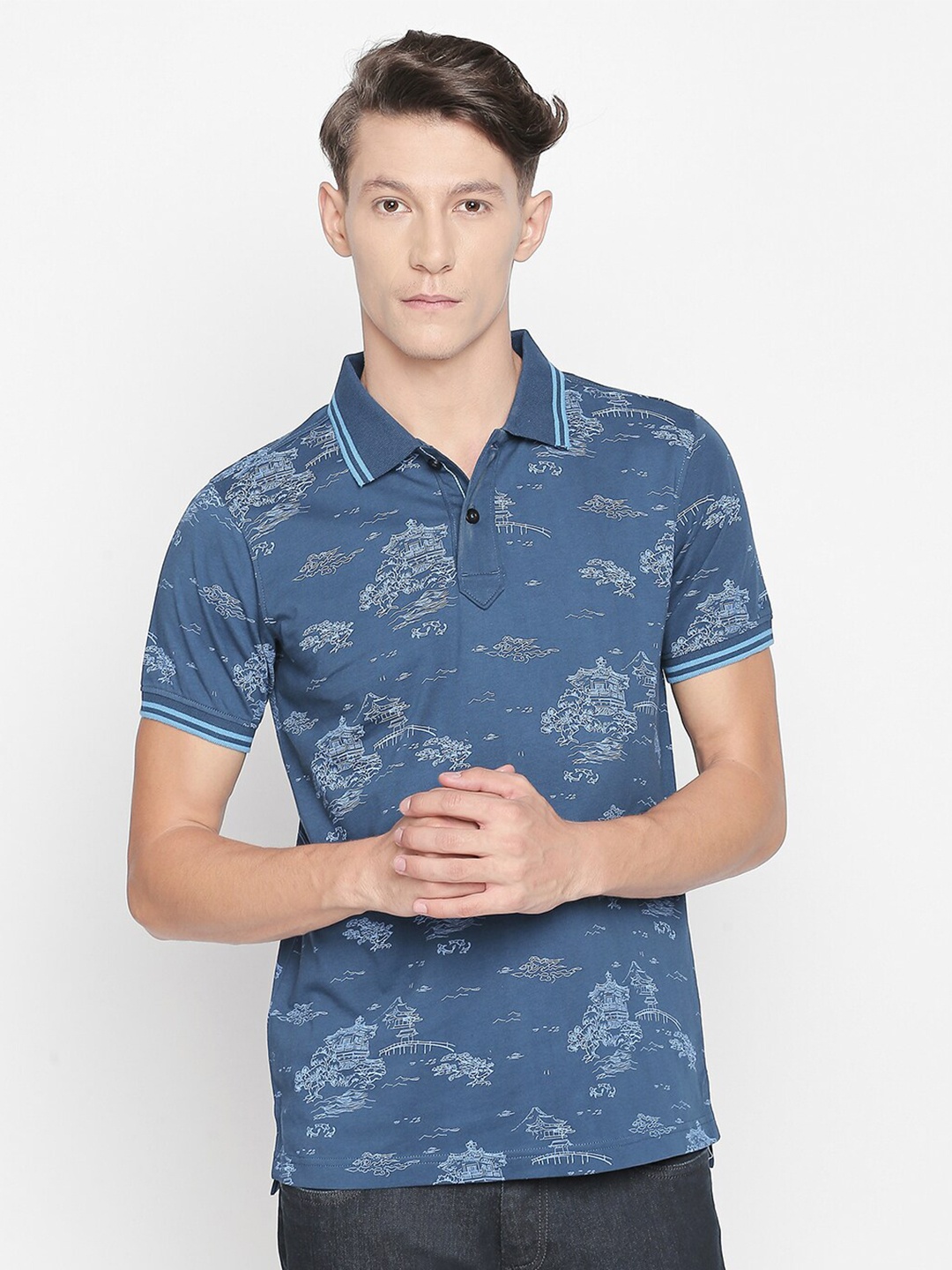 

Basics Men Blue Printed Polo Collar Slim Fit T-shirt