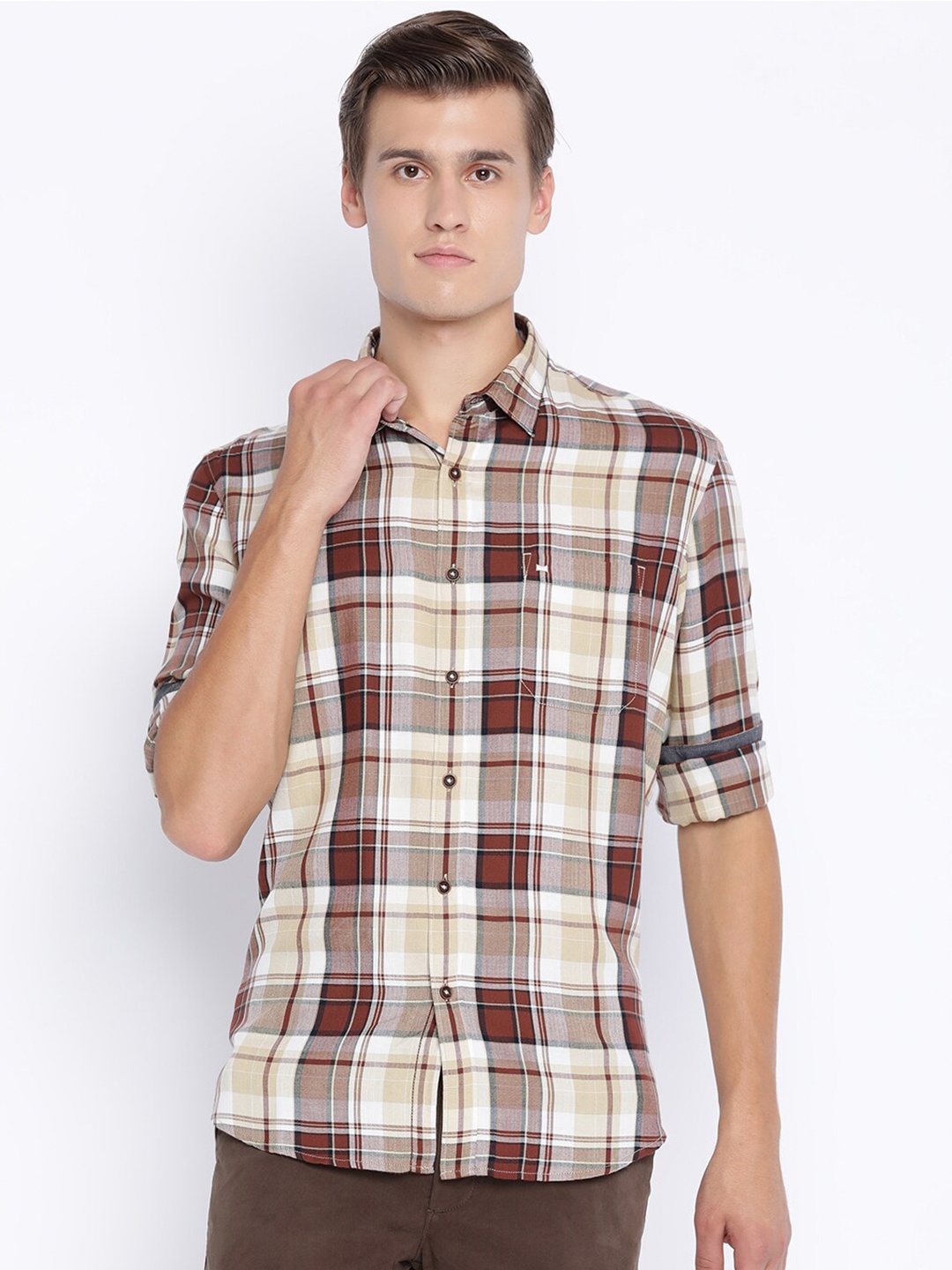 

Basics Men Brown Slim Fit Tartan Checks Checked Casual Shirt