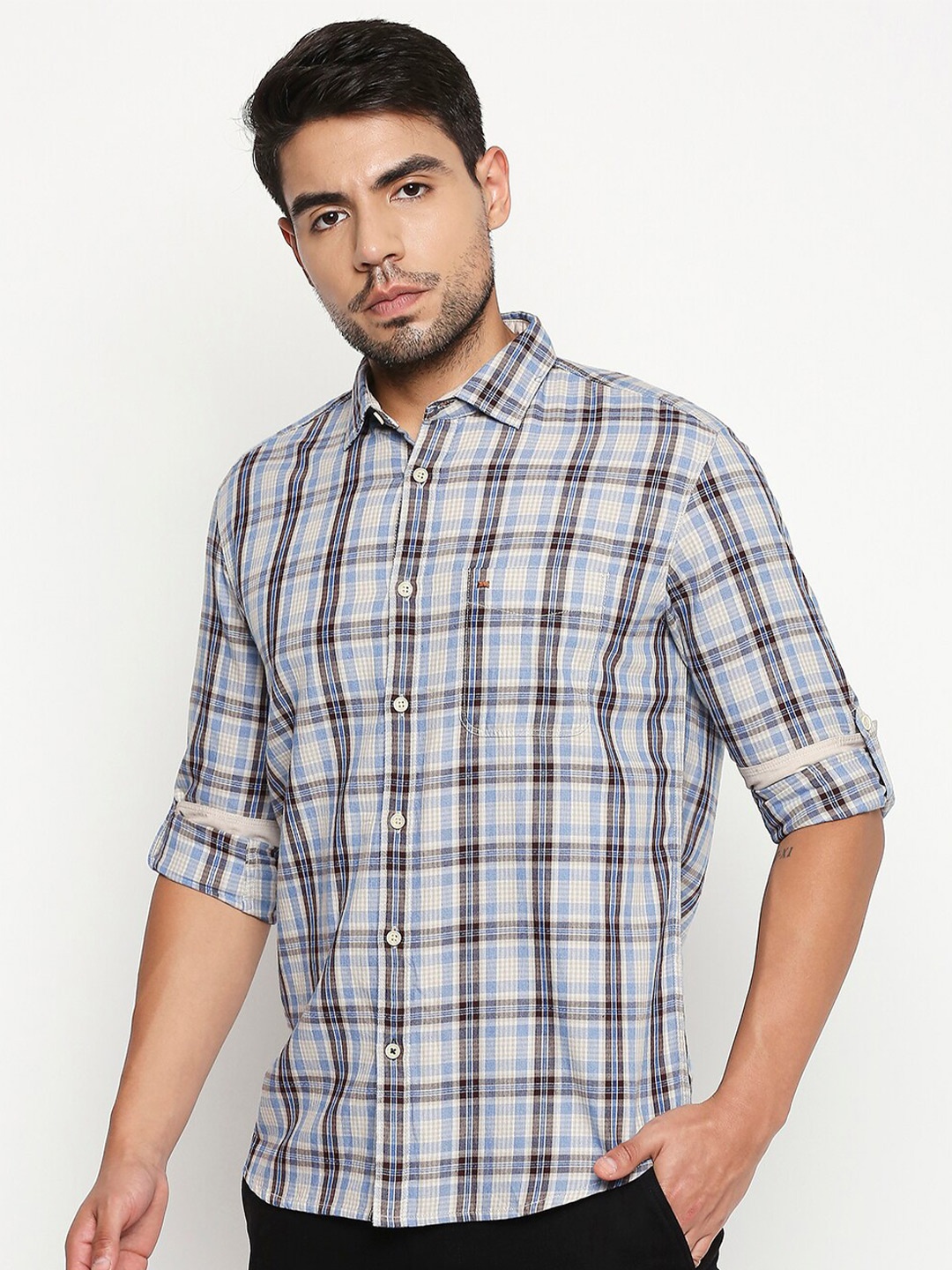 

Basics Men Blue Slim Fit Tartan Checks Checked Casual Shirt