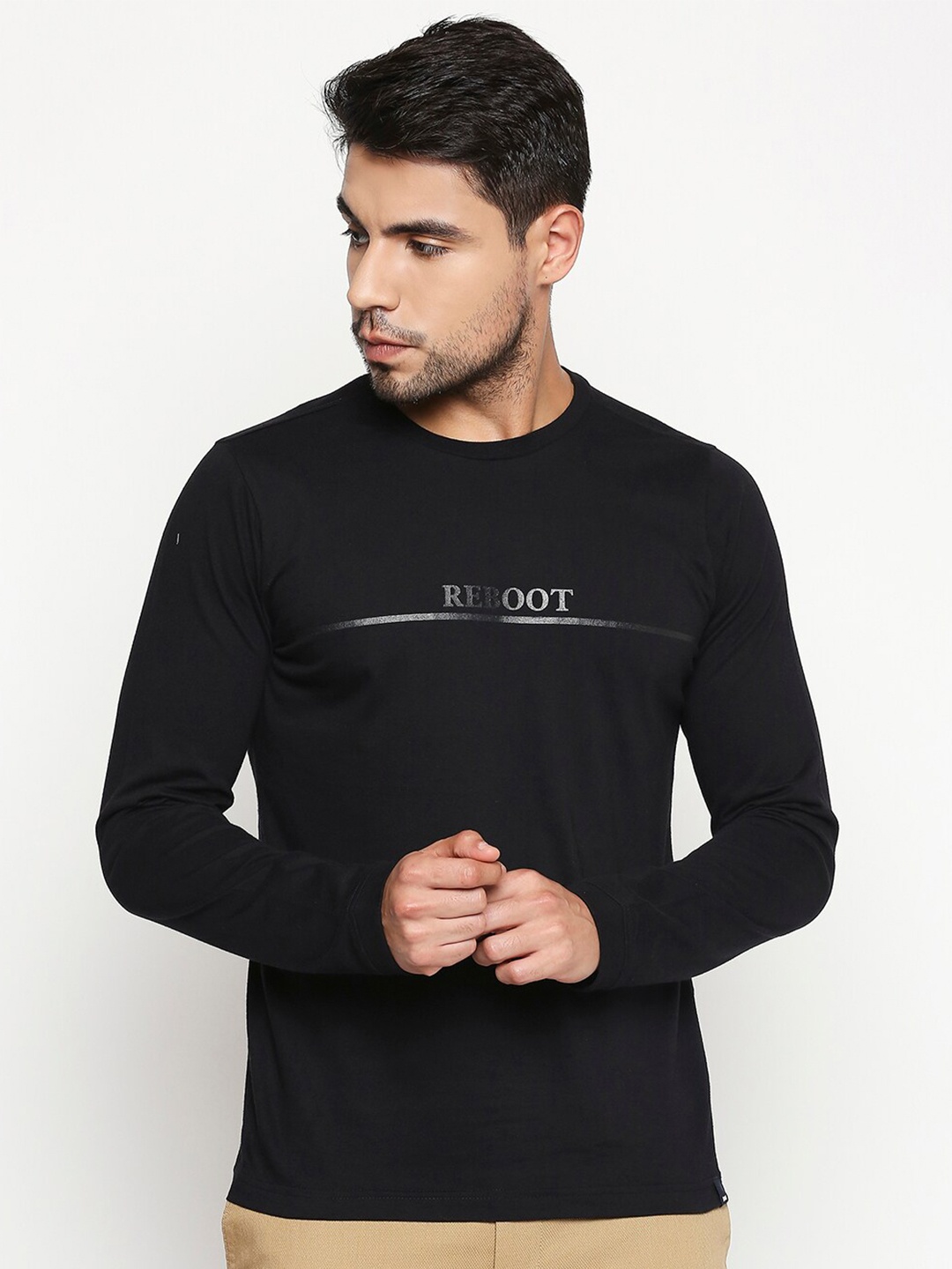 

Basics Men Black Typography Printed Slim Fit T-shirt