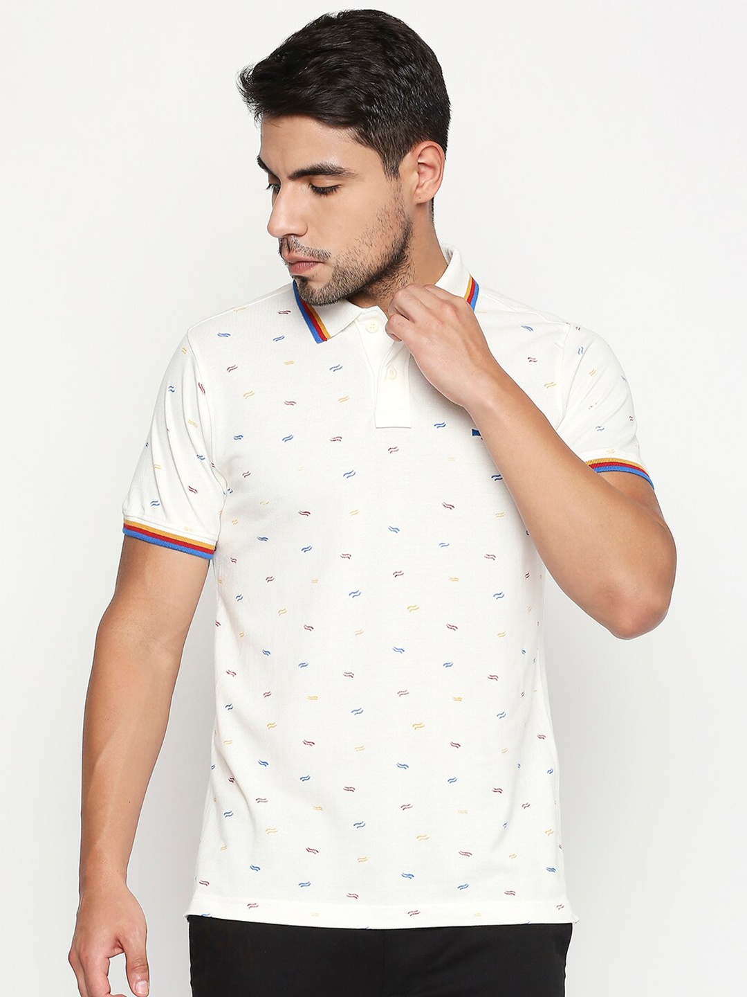 

Basics Men Off White & guyabano Printed Polo Collar Slim Fit T-shirt