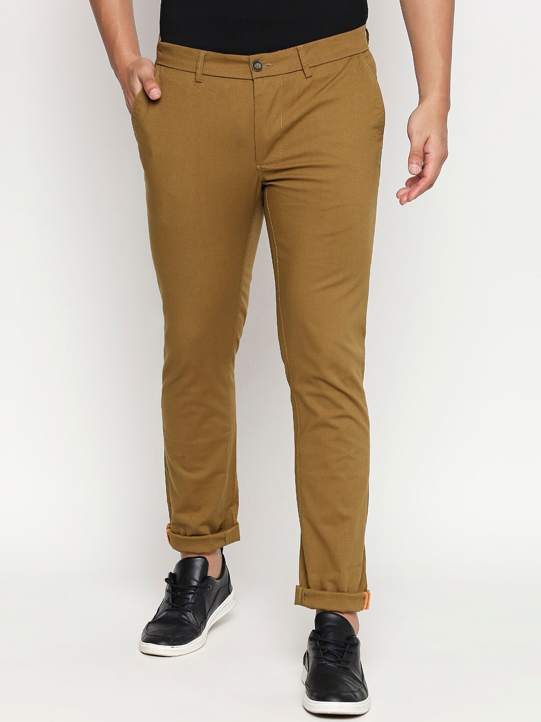 

Basics Men Khaki Textured Tapered Fit High-Rise Trousers