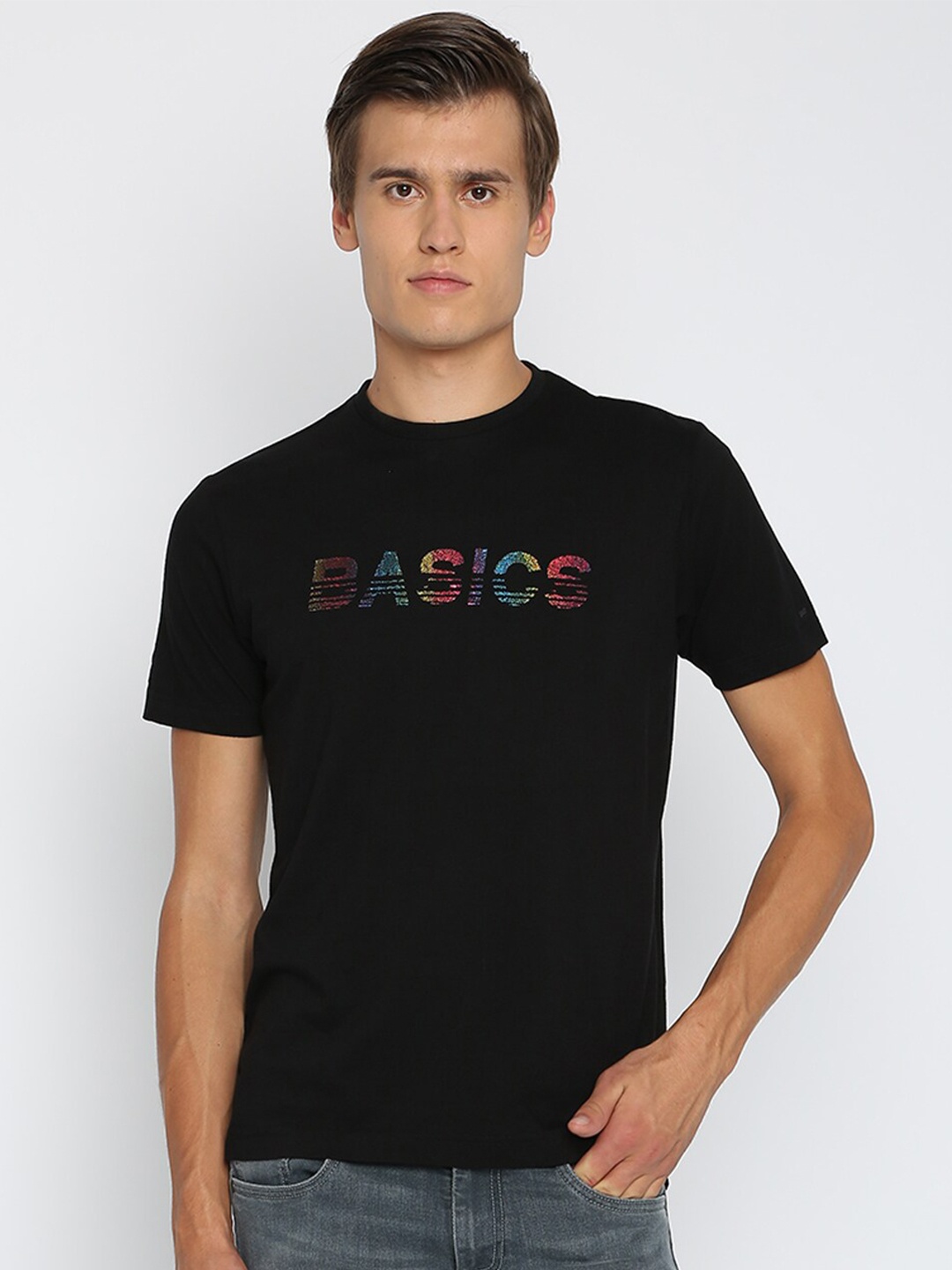 

Basics Men Black Typography Slim Fit T-shirt