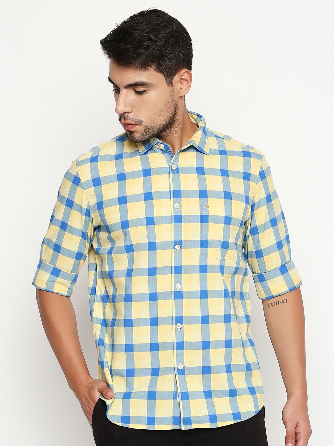 

Basics Men Yellow Slim Fit Tartan Checks Checked Casual Shirt