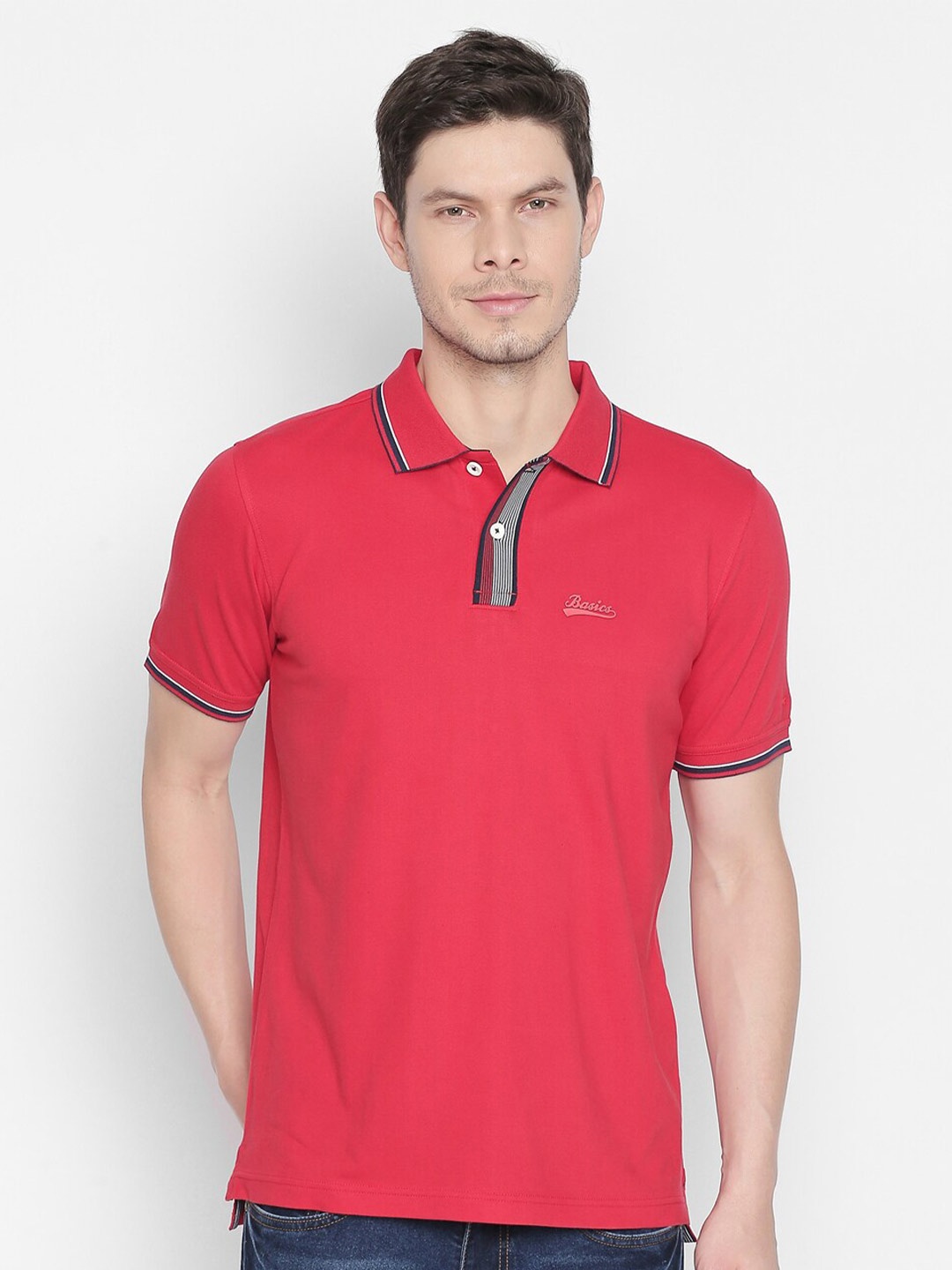 

Basics Men Red Polo Collar Slim Fit T-shirt