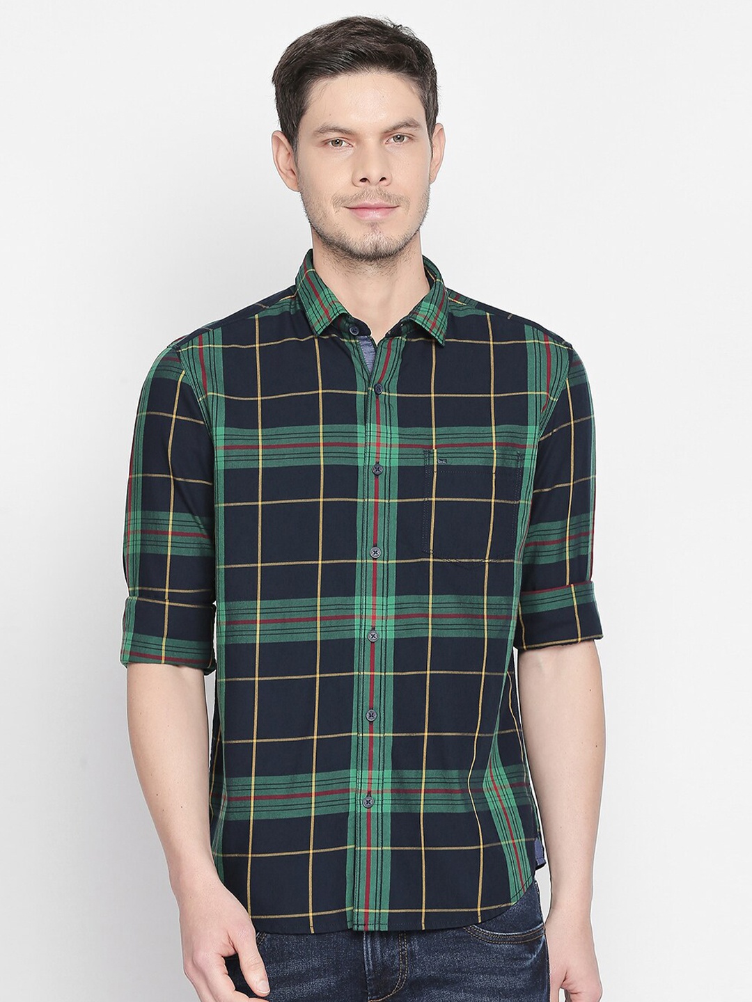 

Basics Men Green Slim Fit Tartan Checks Checked Casual Shirt