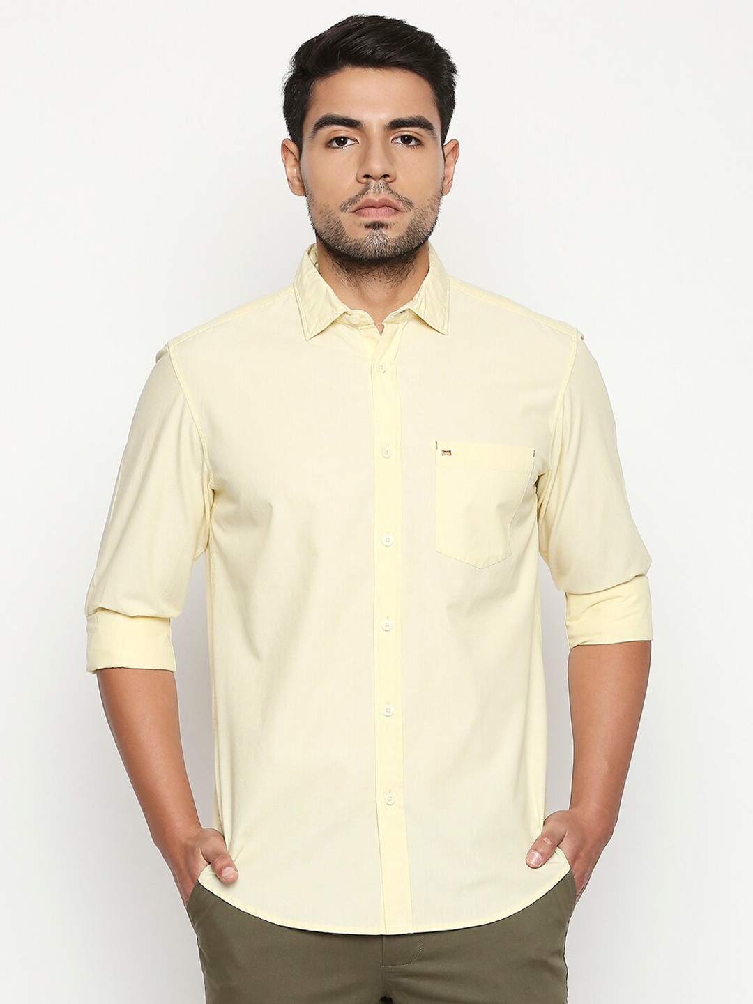 

Basics Men Yellow Solid Cotton Slim Fit Casual Shirt