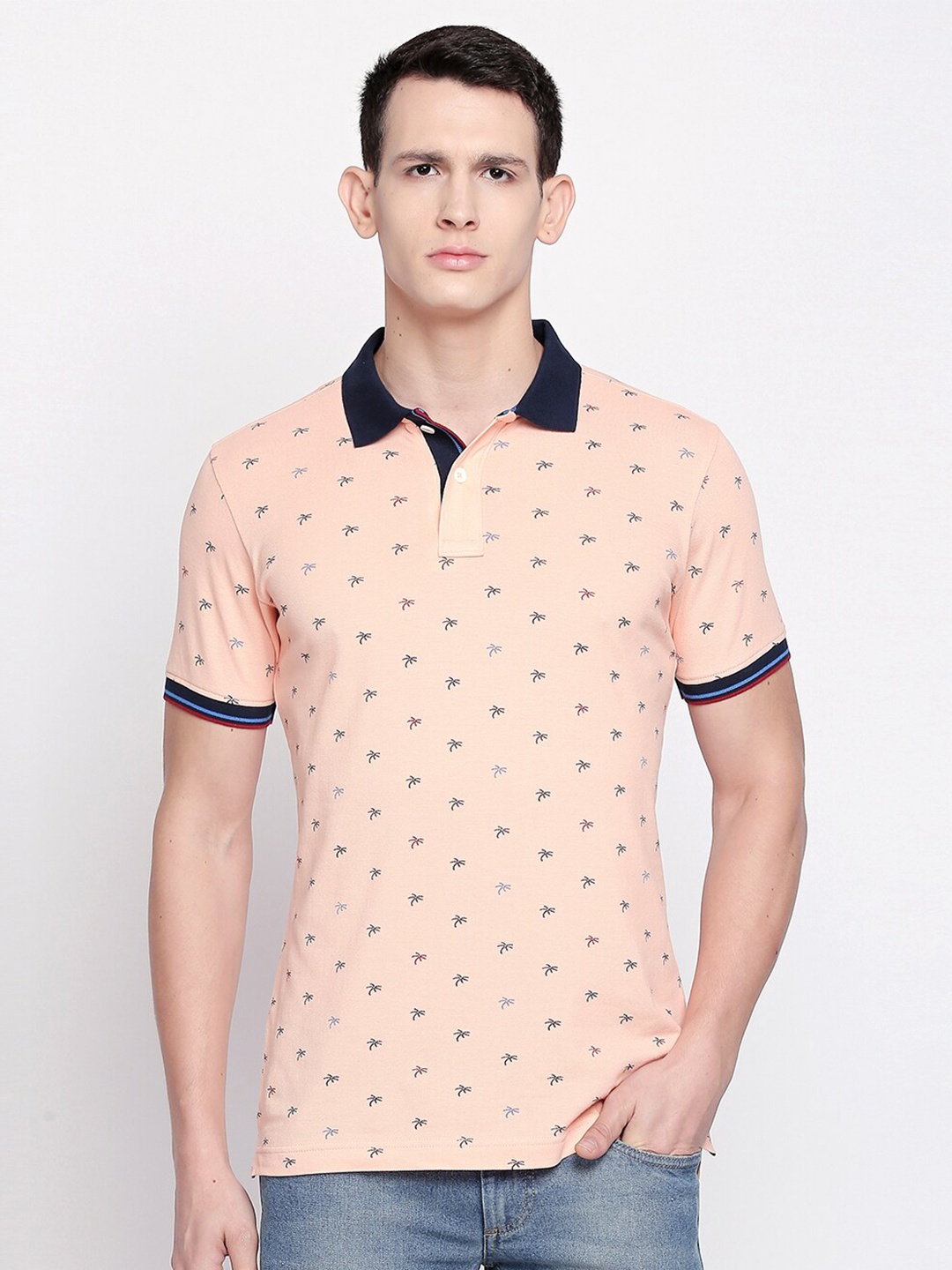 

Basics Men Pink Printed Polo Collar Slim Fit T-shirt