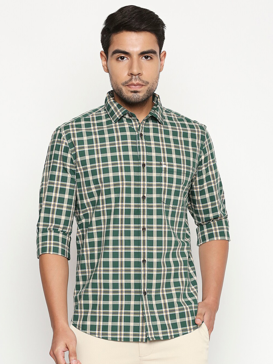 

Basics Men Green Slim Fit Checked Casual Shirt