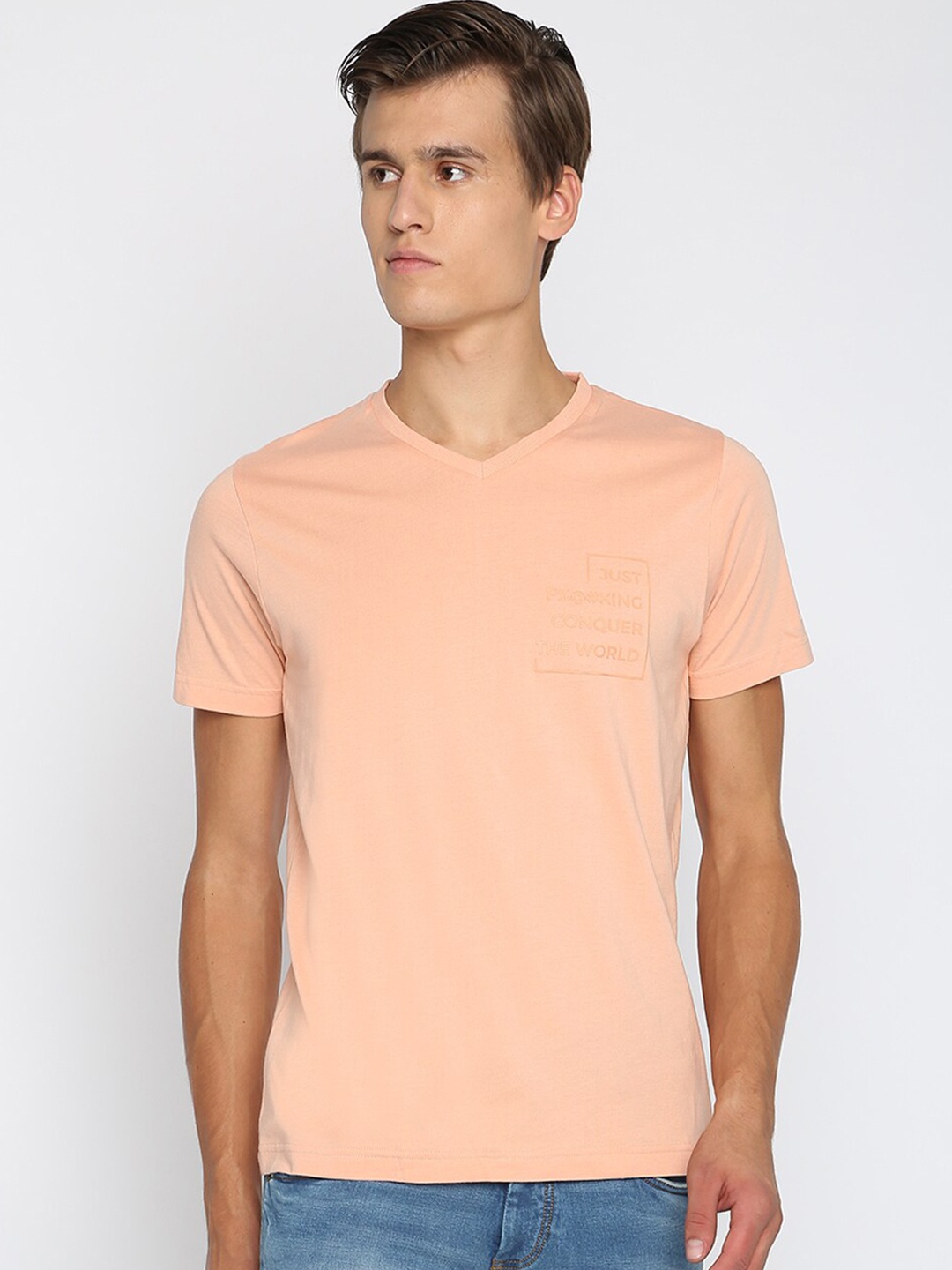 

Basics Men Peach V-Neck Raw Edge Slim Fit T-shirt
