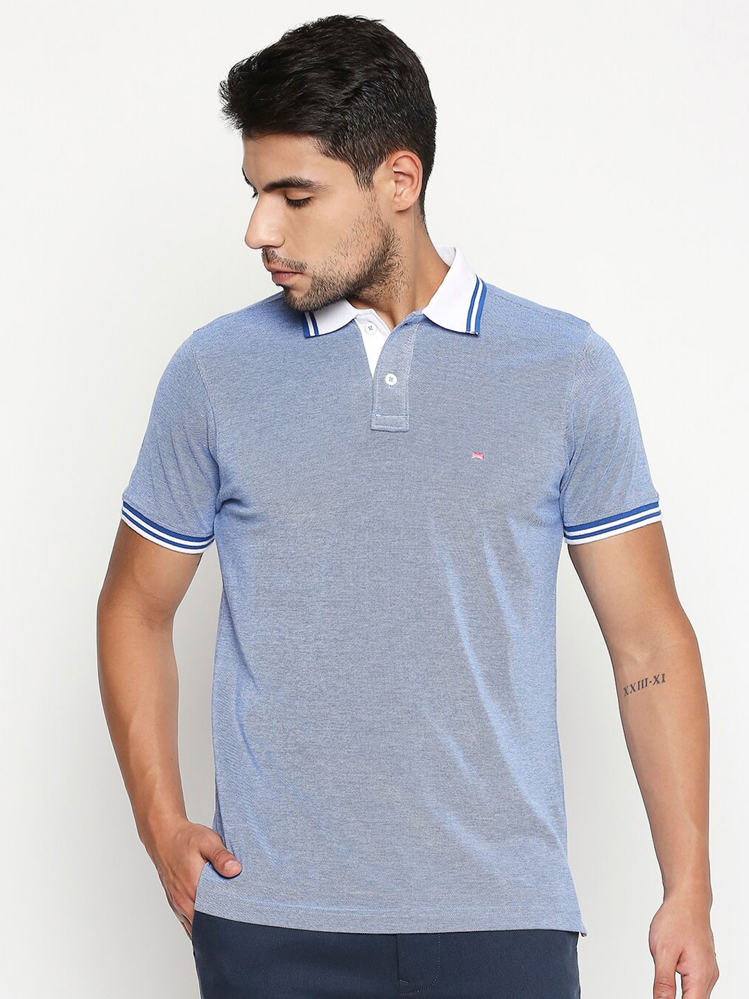 

Basics Men Blue Polo Collar Slim Fit Solid T-shirt
