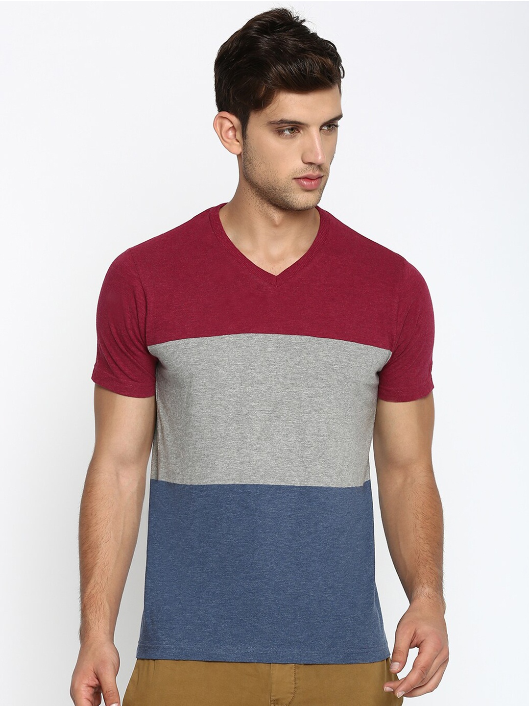 

Basics Men Maroon & Grey Colourblocked V-Neck Slim Fit T-shirt