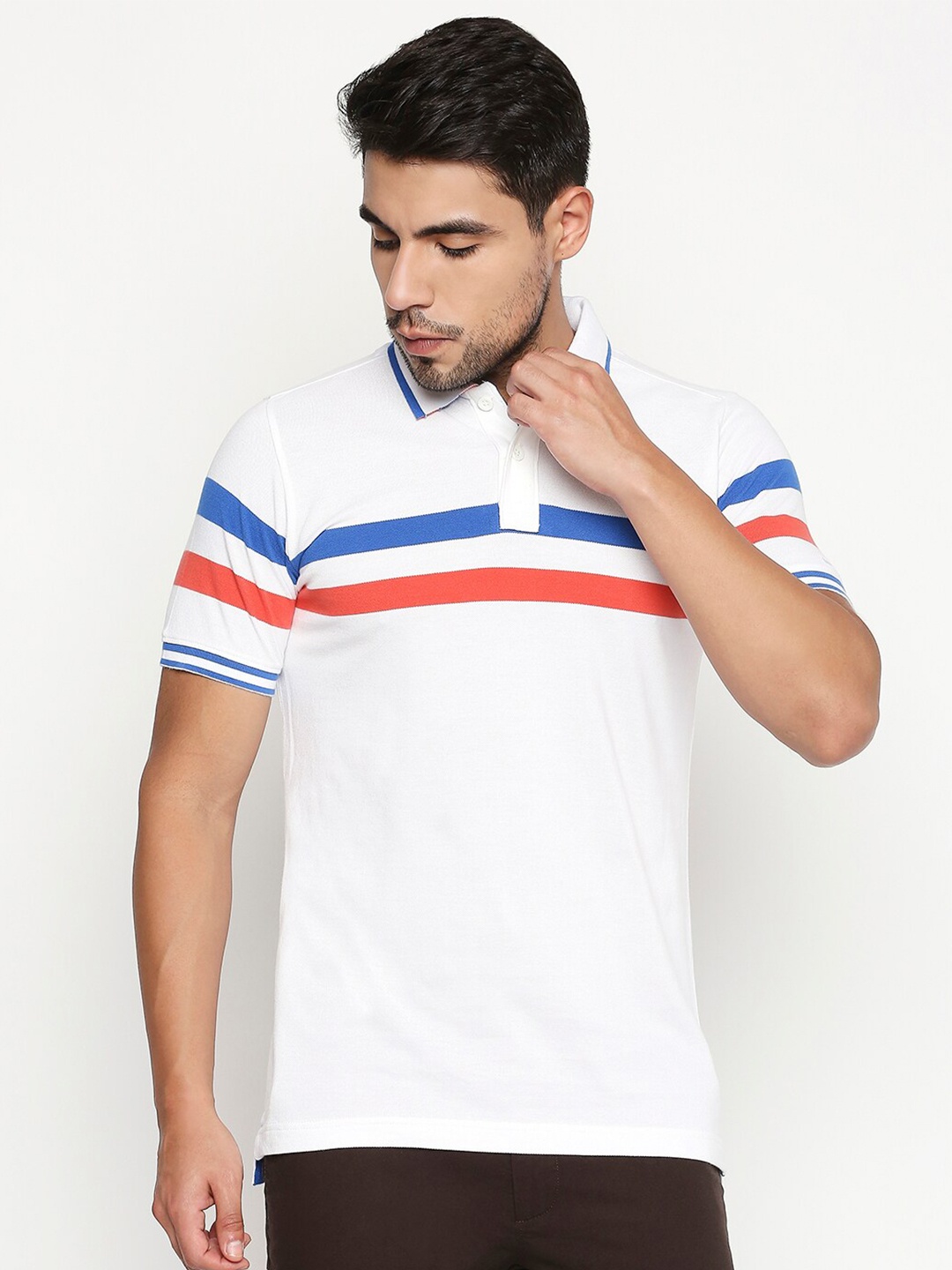 

Basics Men White Striped Polo Collar Slim Fit T-shirt