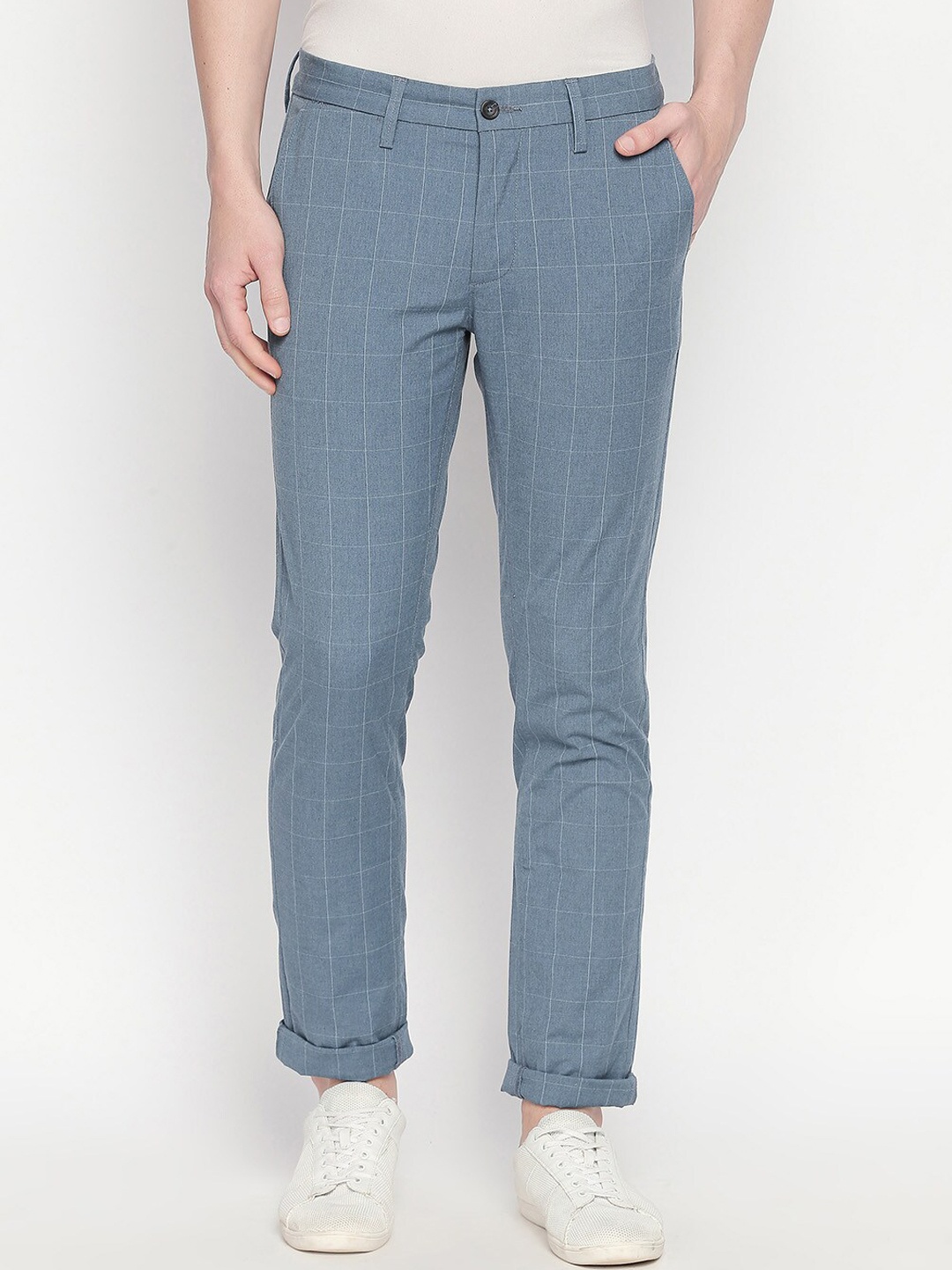 

Basics Men Blue Checked Tapered Fit High-Rise Trousers