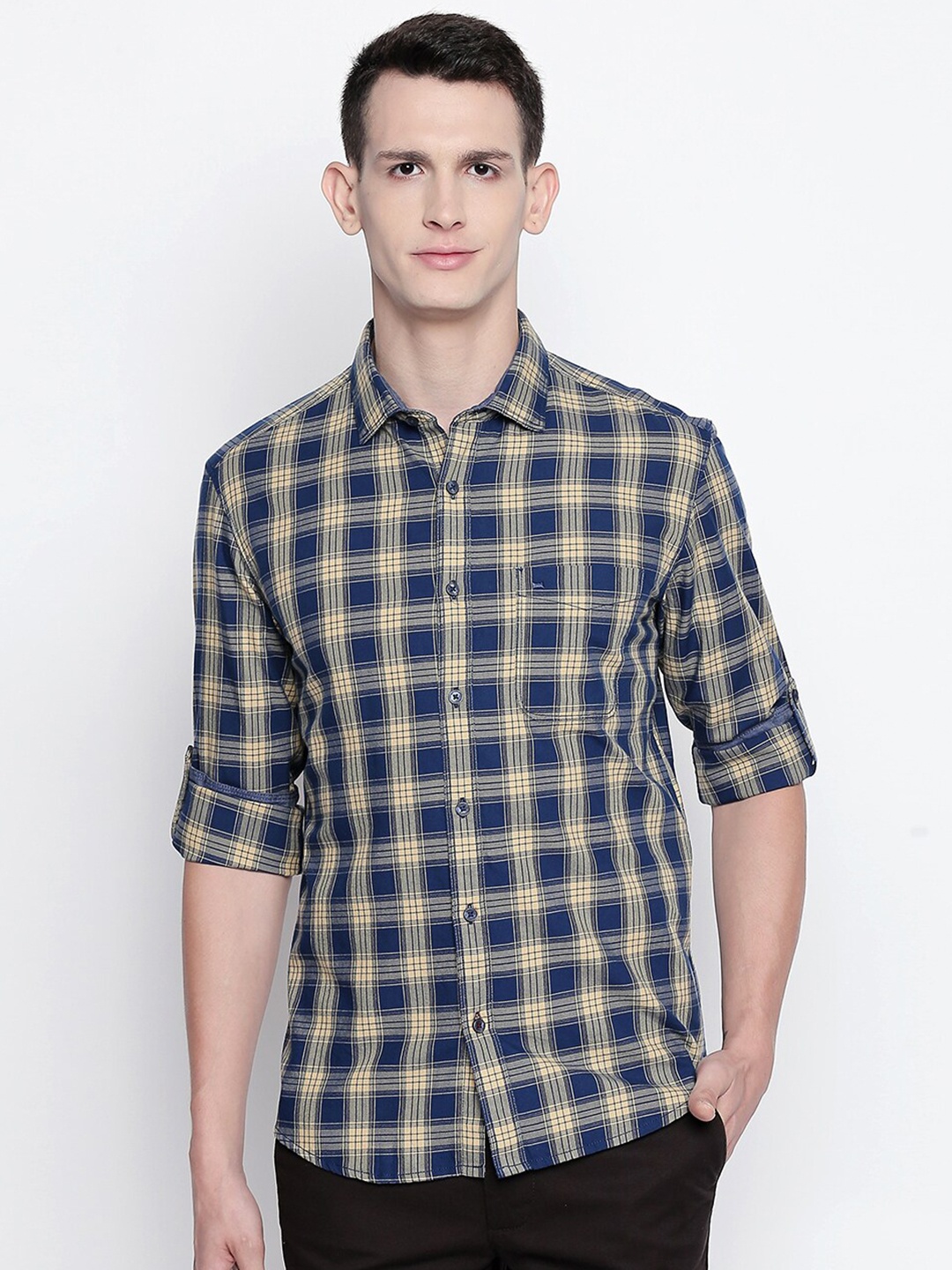 

Basics Men Yellow Slim Fit Checked Casual Shirt