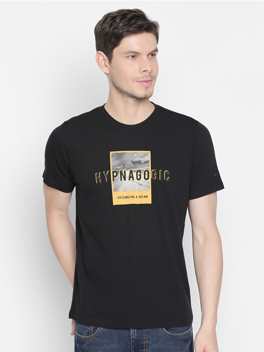 

Basics Men Black Typography Printed Slim Fit T-shirt