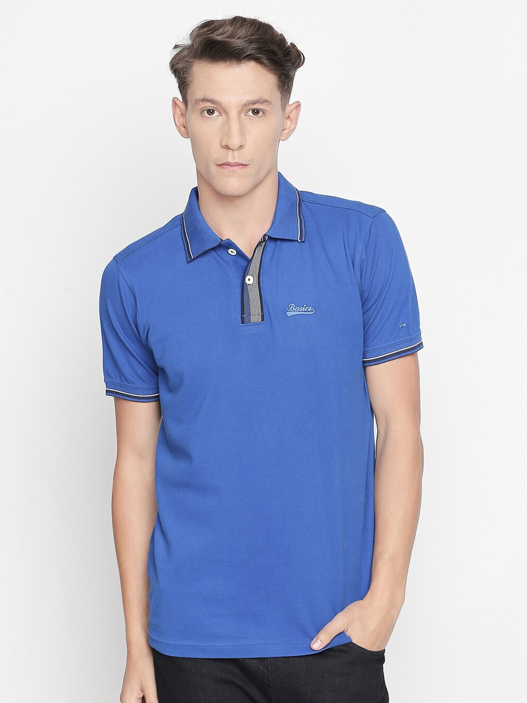 

Basics Men Blue Polo Collar Slim Fit Stretch T Shirt