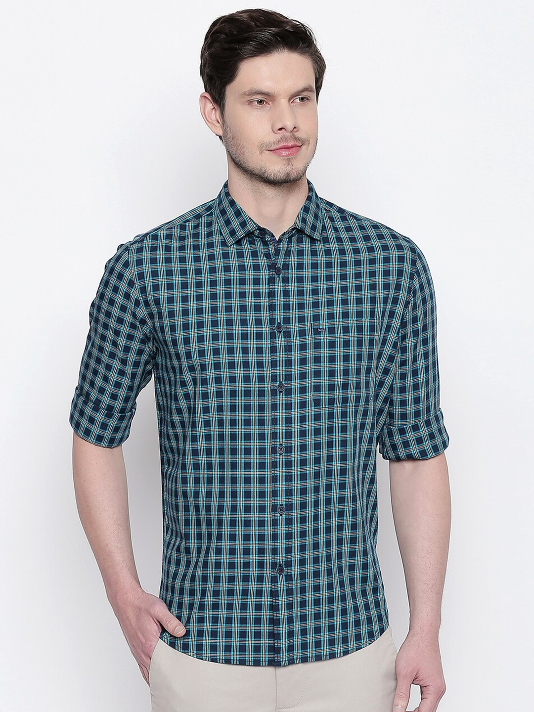 

Basics Men Navy Blue Slim Fit Tartan Checks Checked Casual Shirt