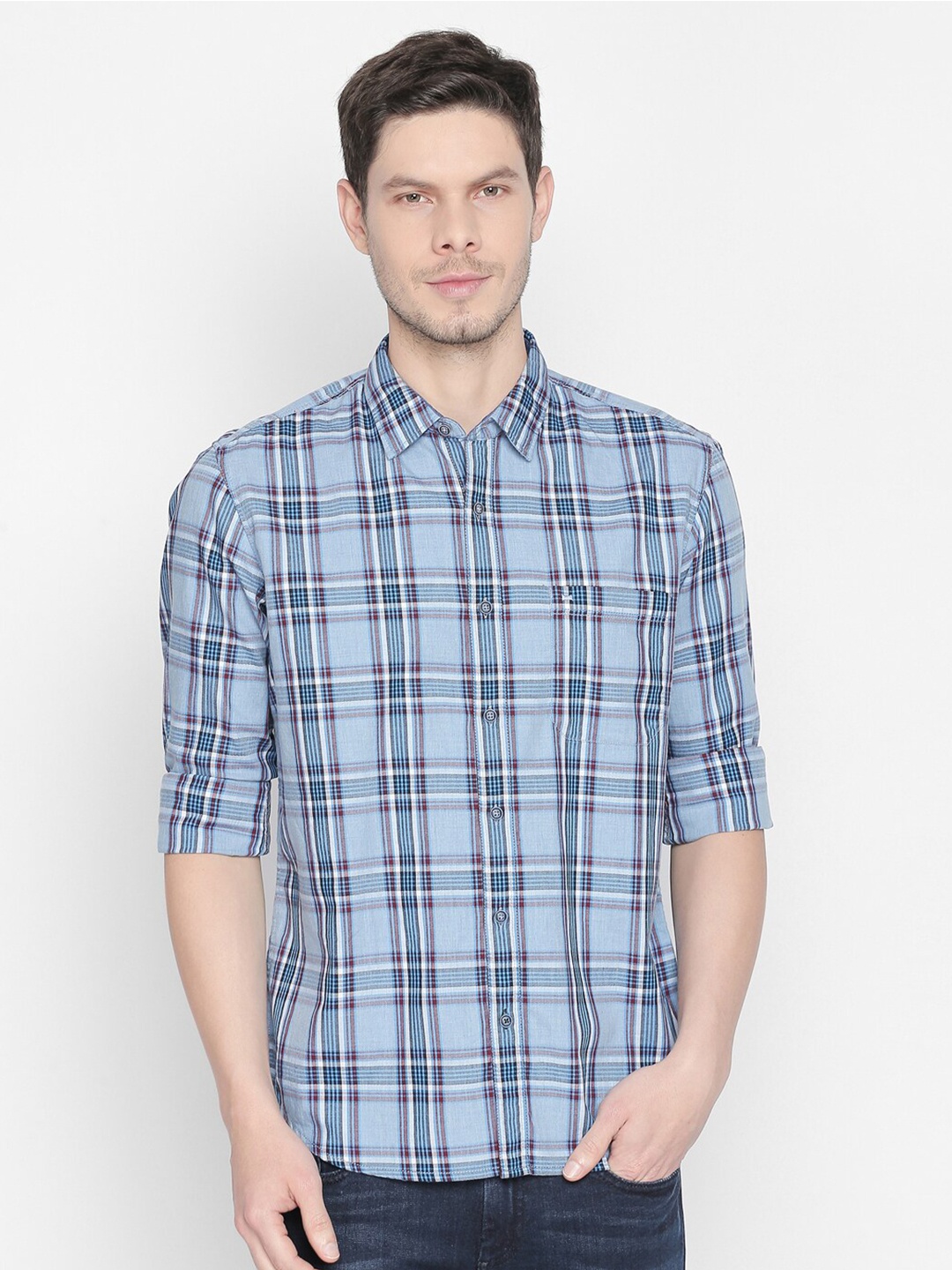 

Basics Men Blue Slim Fit Tartan Checks Checked Casual Shirt