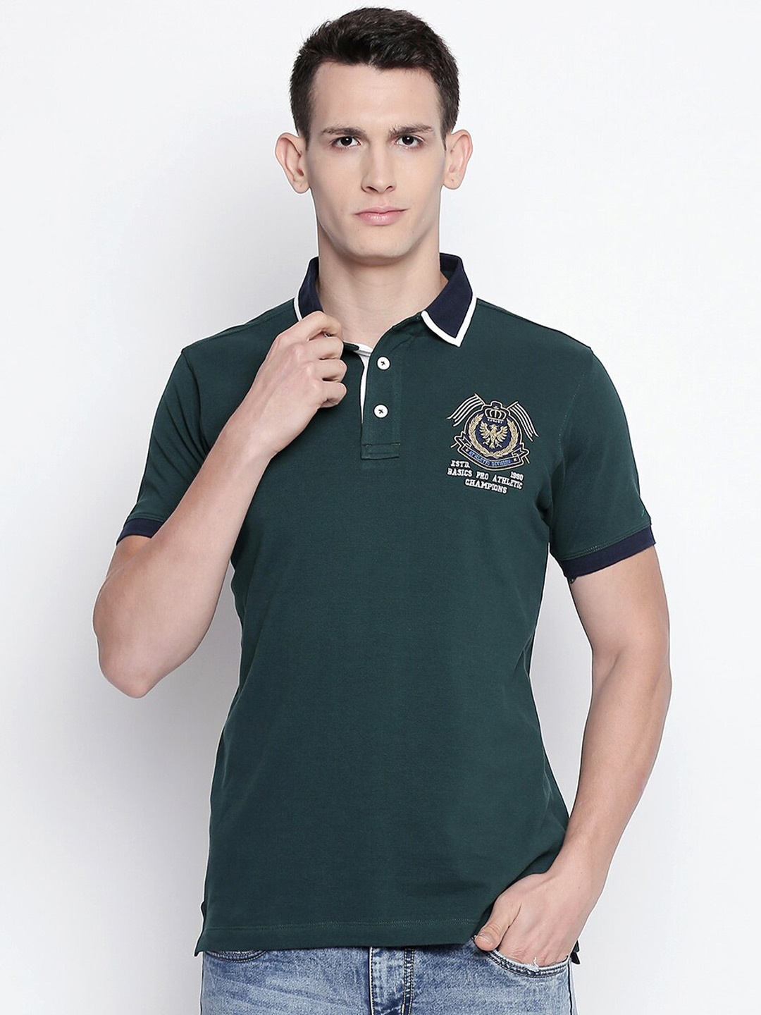 

Basics Men Green Polo Collar Slim Fit T-shirt