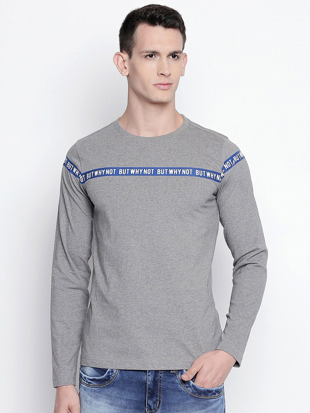 

Basics Men Grey & Blue Typography Slim Fit T-shirt