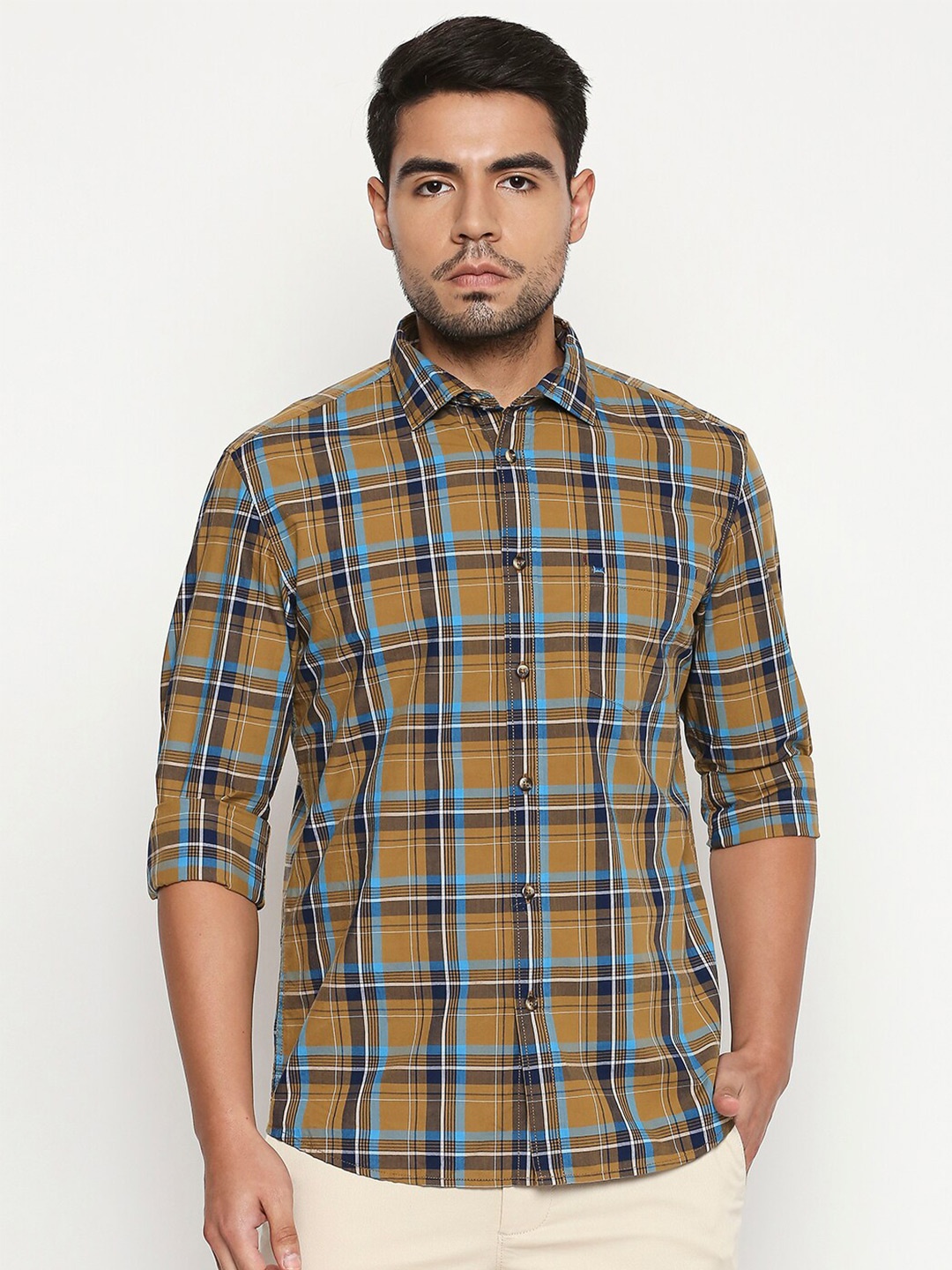 

Basics Men Khaki & Blue Slim Fit Tartan Checked Cotton Casual Shirt