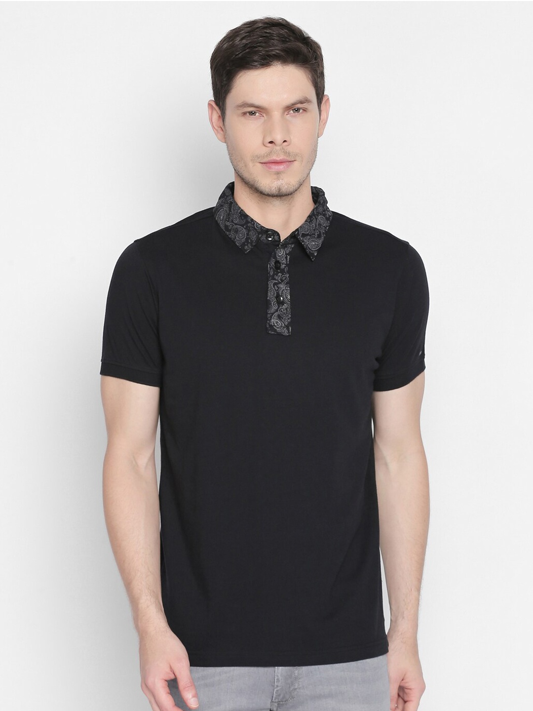 

Basics Men Black Floral Polo Collar Slim Fit T-shirt
